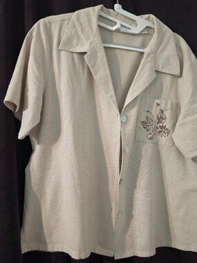 L Selene Sport Tan Short-Sleeve Button-Down Textured Linen Silk Shirt-Blouse-Top